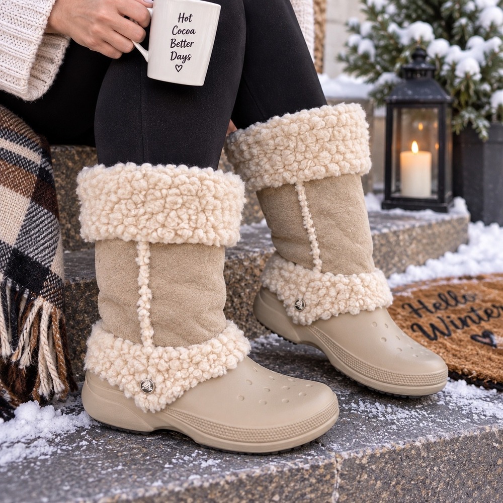 Crocs Women Tan Faux Suede Shearling Lined Winter Boots Mid Calf Size 8